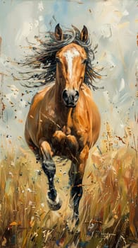 Wild horse running through a meadow, captured with expressionist brushstrokes and freedom of movement.