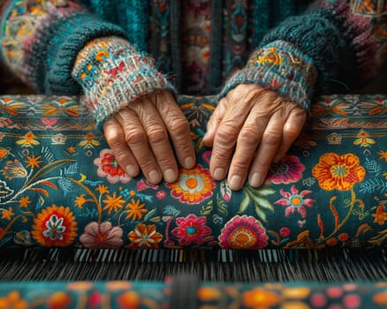 Hands weaving an enchanting tapestry, illustrated with patterns that come alive in a dance of colors.