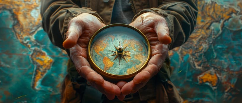 Hands holding a compass that points to adventure, rendered with a vintage explorer's map aesthetic.