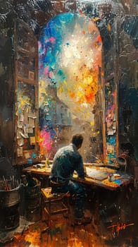 Painter in their studio, world outside the window melting into their canvas of colors.