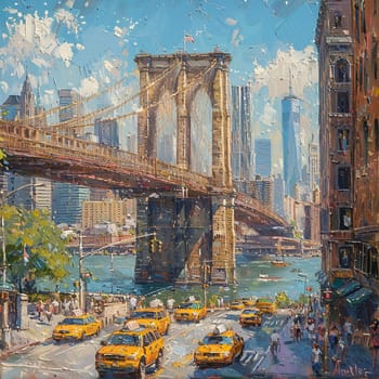 Bridge view in the city painted with a soft-focus background and detailed architectural foreground.