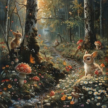 Enchanted forest scene with fairies and woodland creatures, painted in a detailed, classic illustration style.