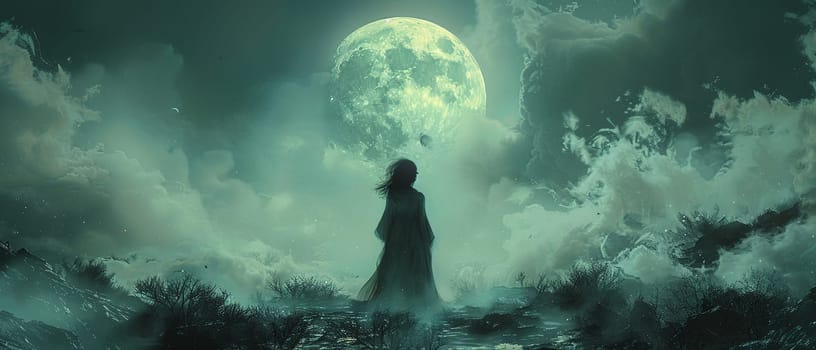 Moonlit figure created with digital brushes, blending photorealism and fantasy elements.