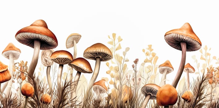 A row of mushrooms are shown in a field of grass. The mushrooms are orange and white, and they are scattered throughout the field. The image has a peaceful and serene mood
