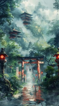 Fog-wrapped path to a shrine depicted in a misty, ethereal palette of watercolors.