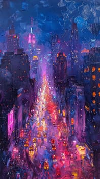 Cityscape from a high vantage point painted in a post-impressionist style, with vivid colors and bold brushwork.