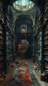 Ancient library scene rendered in a Renaissance painting style, with a focus on depth and perspective.