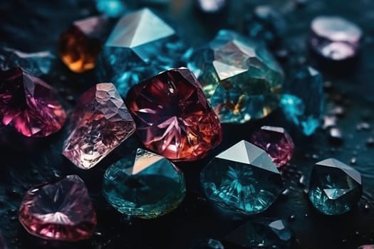 Colourful dazzling Cut gems as textured background, generative AI