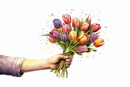 A hand holding a bouquet of tulips. The tulips are in various colors, including pink, orange, and yellow. Concept of warmth and happiness