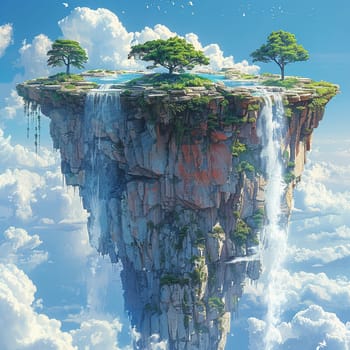 Surreal floating island with a cascading waterfall, illustrated in a dreamy and imaginative style.