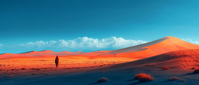 Desert nomad's silhouette against a vast dune, rendered in a minimalist style with an endless horizon.