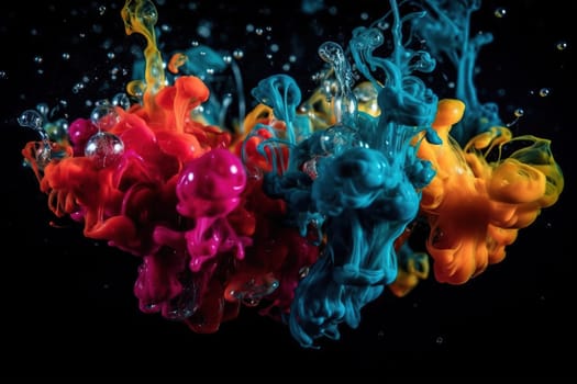 Color paint in water on the black background, generative AI