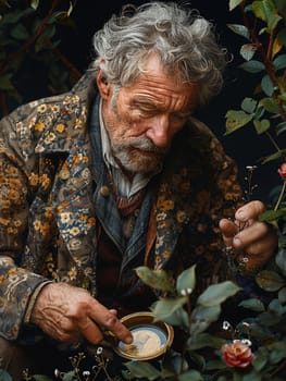 Botanist's hands examining a rare plant species, depicted with vibrant realism and scientific detail.