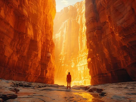 Explorer in an otherworldly canyon, echoing the majesty of uncharted terrains.