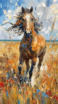 Wild horse running through a meadow, captured with expressionist brushstrokes and freedom of movement.