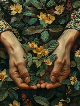 Botanist's hands examining a rare plant species, depicted with vibrant realism and scientific detail.