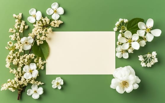 A white sheet of paper is placed on a green background with a bunch of white flowers. The flowers are arranged in a way that they are overlapping the paper, creating a sense of depth and dimension