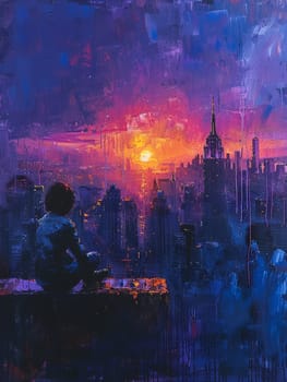 Sculptor carving the essence of the aether, their chisel a conjuring of form and void. City skyline at dusk painted in broad, impressionistic strokes of deep blues and purples.