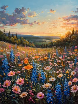 Wildflower meadow at dawn painted with a fresh, vibrant palette, capturing the essence of spring.