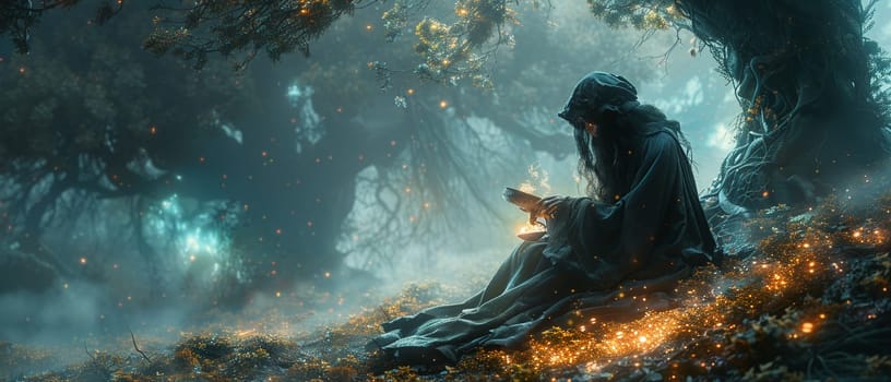 Forest witch brewing potions created in a dark fantasy art style, with intricate details and mystical elements.