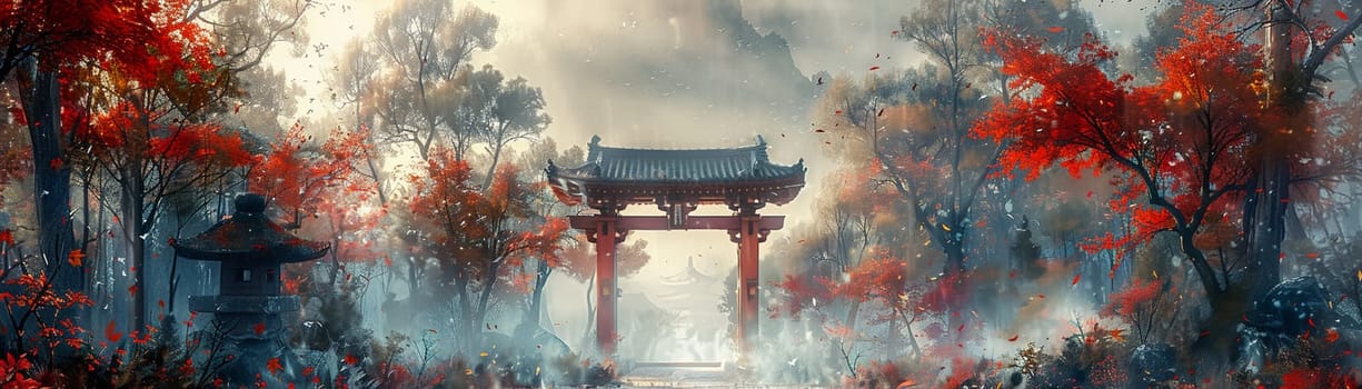 Fog-wrapped path to a shrine depicted in a misty, ethereal palette of watercolors.