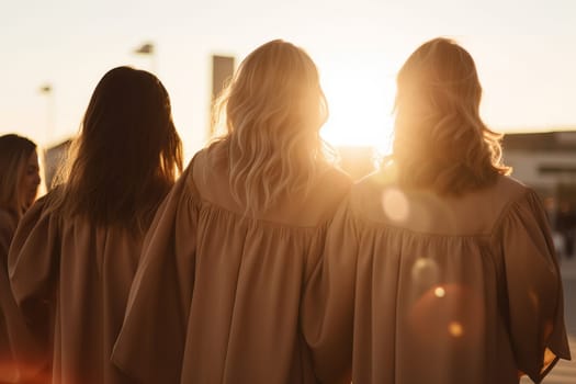 Four graduates, viewed from behind, bask in the warm glow of a setting sun during their commencement