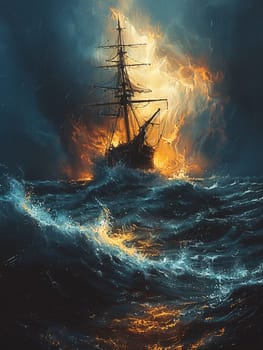 Stormy sea voyage illustrated with dynamic brushstrokes and a moody, atmospheric palette.