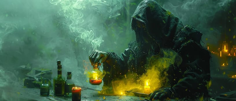 Witch doctor brewing the elixirs of the ethereal, potions a blend of spirit and essence.