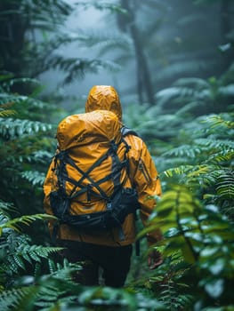 Adventurer trekking through an overgrown utopia, nature's reclaiming touch guiding their way.