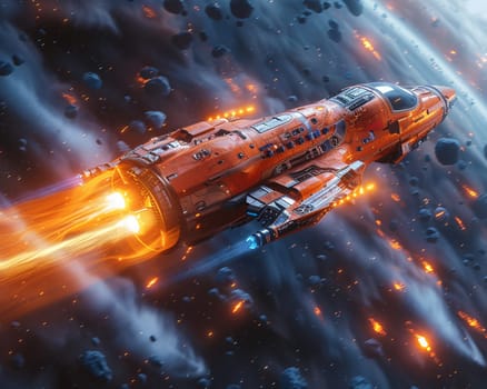 Spaceship hurtling through an asteroid belt, depicted in a thrilling 3D style with dynamic lighting.