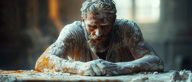 Stone mason at work rendered in a classical sculpture style, highlighting the form and musculature.