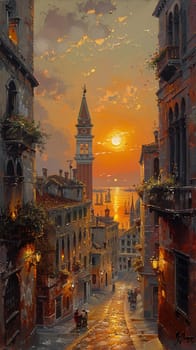 Golden hour's soft light against old-world architecture, painted with a gentle realism and attention to detail.