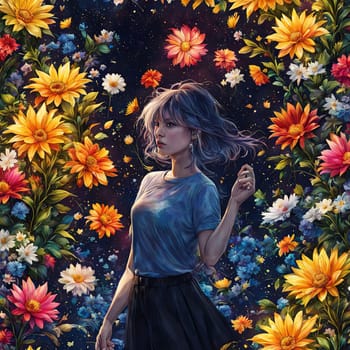 Girl is depicted with flowers, adding touch of delicacy, beauty to image. Image of youth, beauty, harmony with nature. For interior design, textiles, clothing, gift wrapping, web design, print