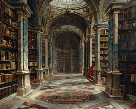 Ancient library scene rendered in a Renaissance painting style, with a focus on depth and perspective.