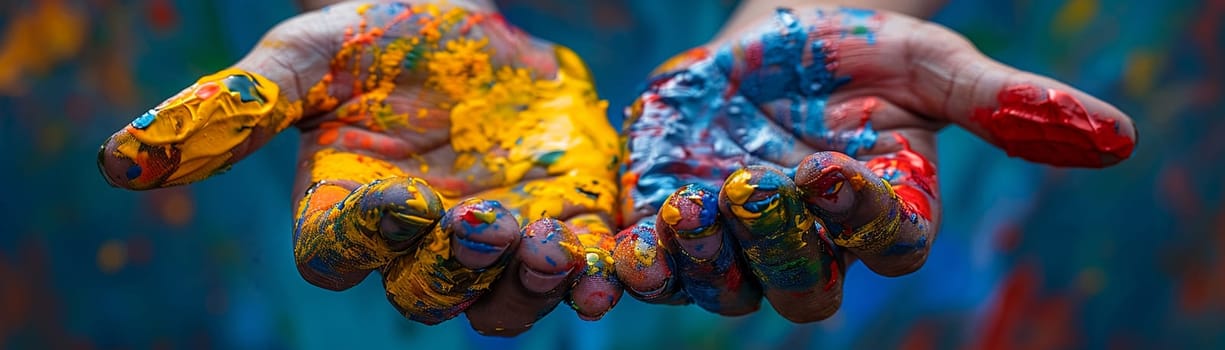Artist's hands covered in multicolored paint, captured in a lively and expressive illustration style.