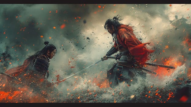 Duel between mythic samurai warriors, captured in a dynamic anime style with dramatic composition.