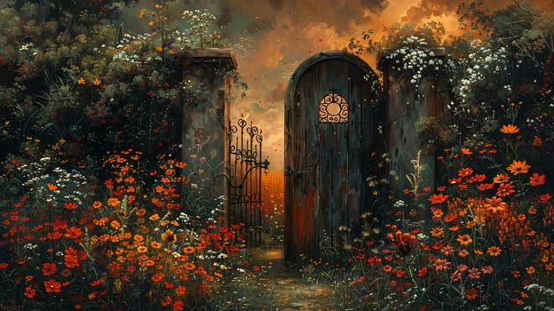 Secret garden gate partially open, inviting exploration, painted with a whimsical, storybook quality.