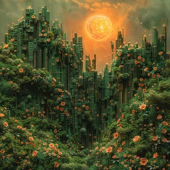 A fusion of nature and artifice, where cybernetic gardens flourish under a motherboard sun.