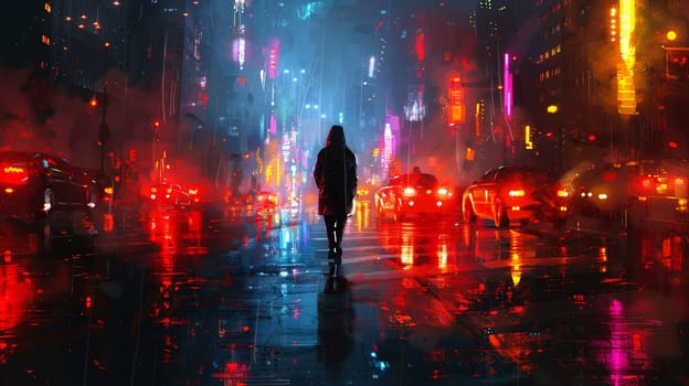 Vibrant digital painting of a figure navigating through neon-lit streets, reflecting the pulse of city life.