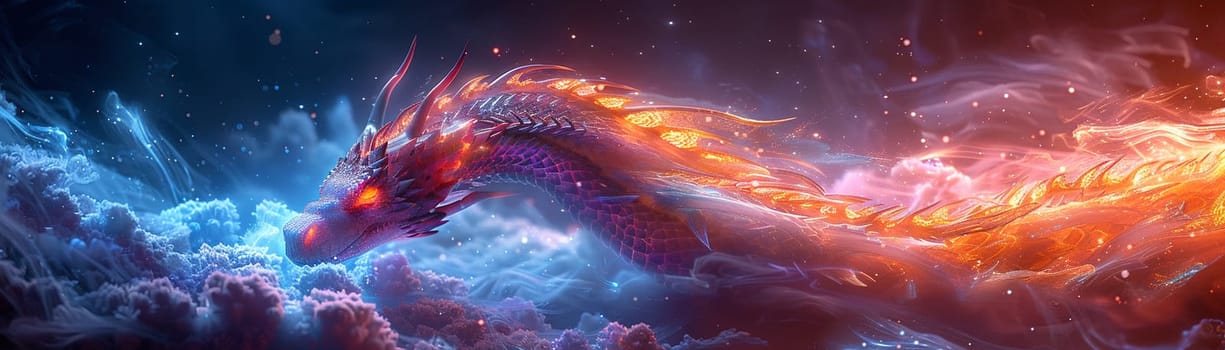 Ancient dragon curled around a crystal cavern, depicted in breathtaking detail and iridescent 3D textures.