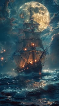 Solo traveler at the helm of a ship, navigating the whispering waves of a moonlit sea.