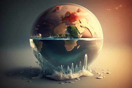 Creative depiction of a split Earth with one half submerged in water and the other parched, alluding to environmental extremes