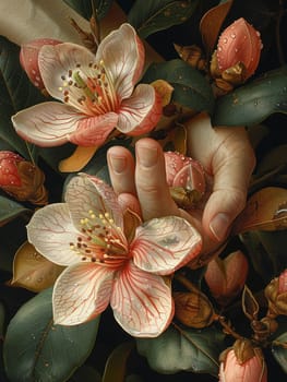 Botanist's hands examining a rare plant species, depicted with vibrant realism and scientific detail.