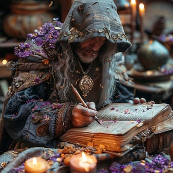 Sage writing in an enchanted grimoire, quill and ink weaving spells of old.