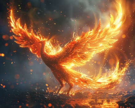 Mythical phoenix rising from ashes, captured in an anime style with fiery colors and dramatic lines.