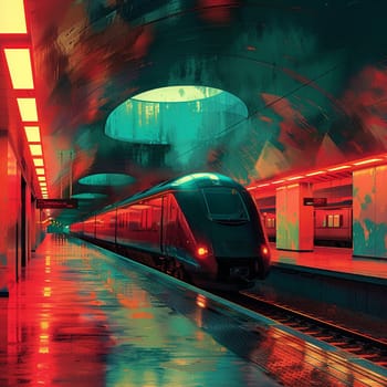 Futuristic train station arrival illustrated with sharp geometric shapes and a cool, metallic color scheme.