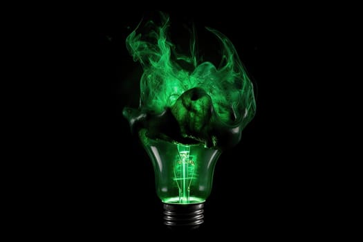 Electric Bulb With Green Smoke Inside On A Black Background, Concept Of Ecology