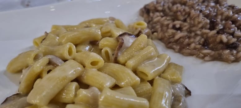 Close-up shot of a delectable creamy mushroom pasta beside a serving of savory risotto