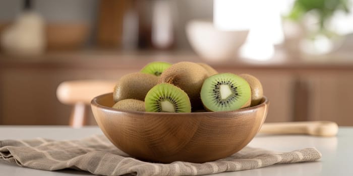 Sliced kiwi in a bowl on the kitchen table with blurred background