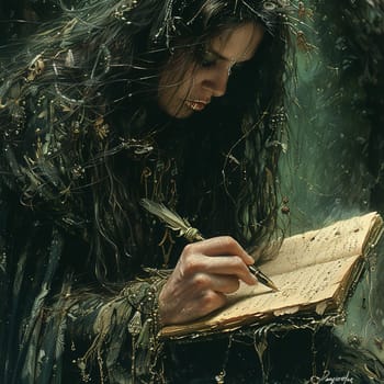 Sage writing in an enchanted grimoire, quill and ink weaving spells of old.